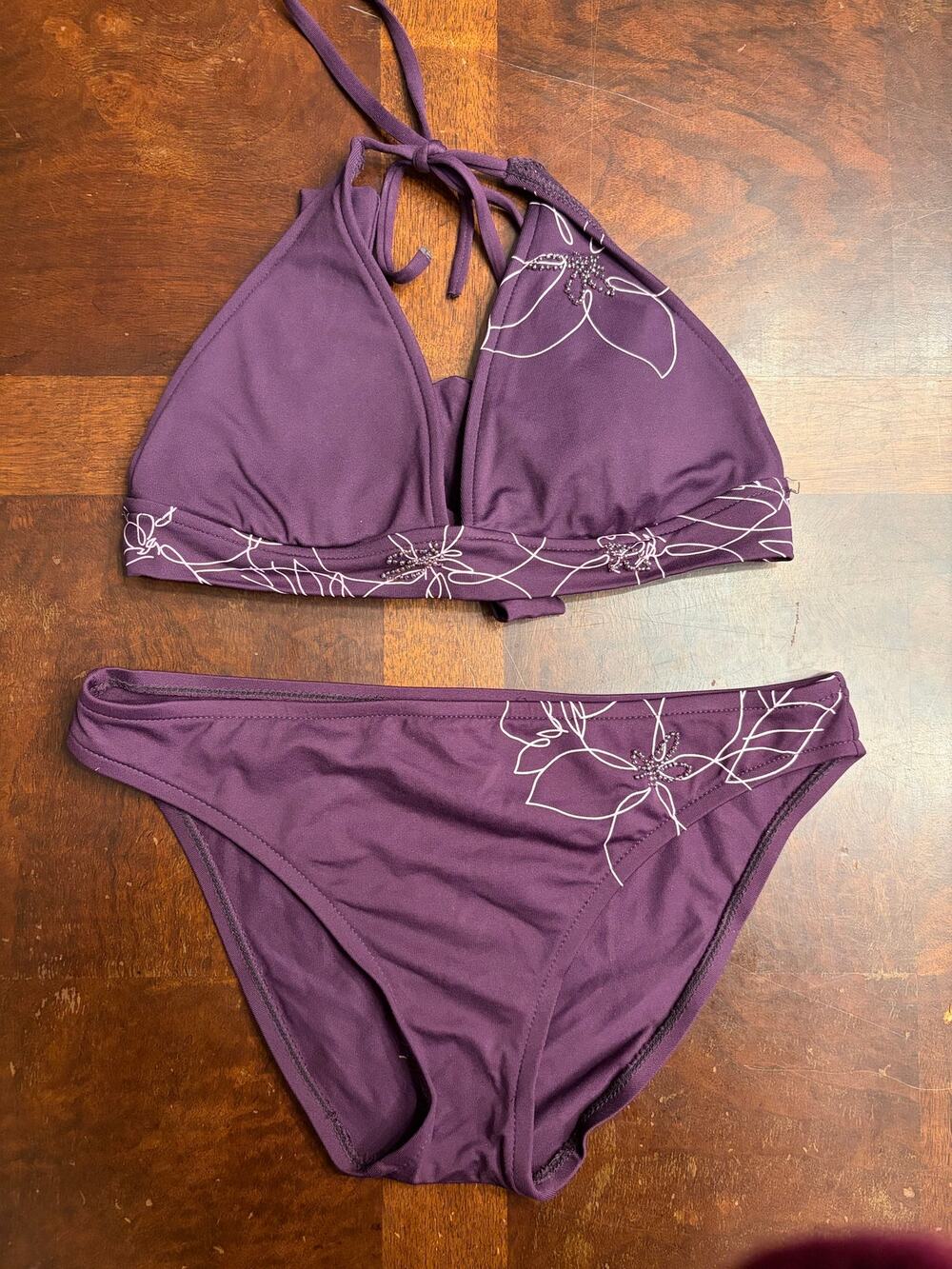 Y2K Mossimo Purple Beaded Floral 2pc Bikini Set Size S
